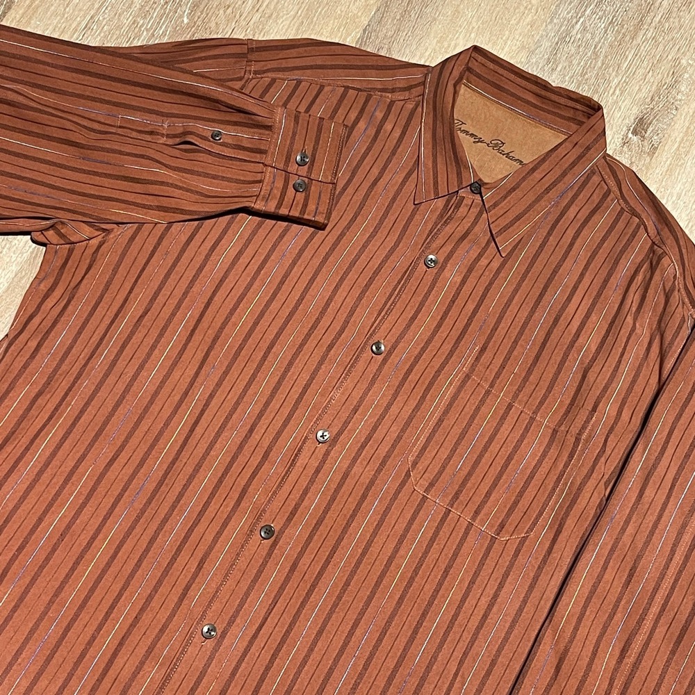 Tommy Bahama XL Silk Shirt Brown Striped‎ Button Up Long Sleeve Casual Mens EUC